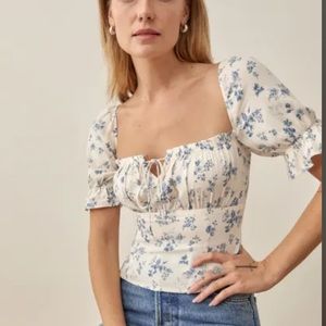 Reformation Smocked Back Puff Sleeve Nova Top in Lula Size 4 Square Neck…